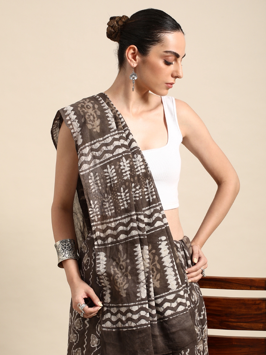 Brown Cotton Printed Festival Casual Contemporary Sarees