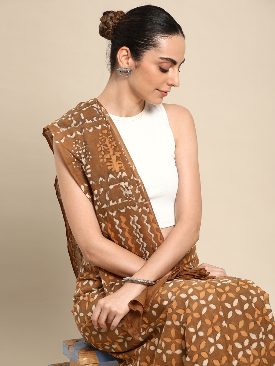 Brown Cotton Printed Festival Casual Contemporary Sarees