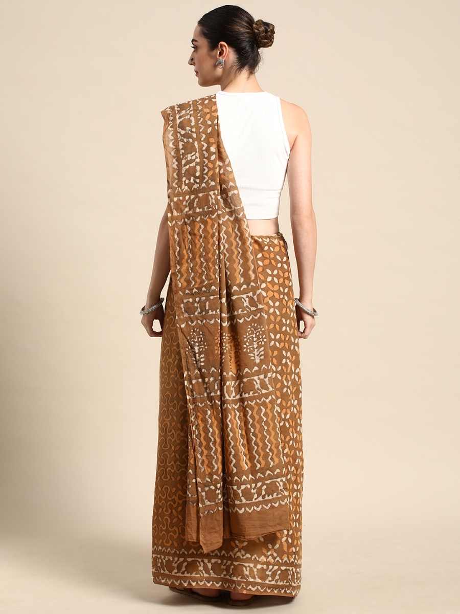 Brown Cotton Printed Festival Casual Contemporary Sarees