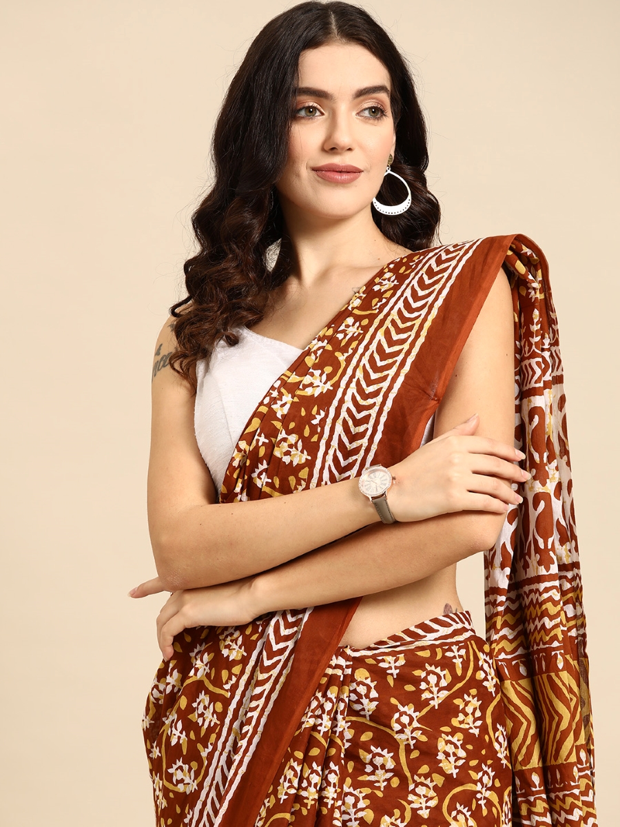 Brown Cotton Printed Festival Casual Contemporary Sarees