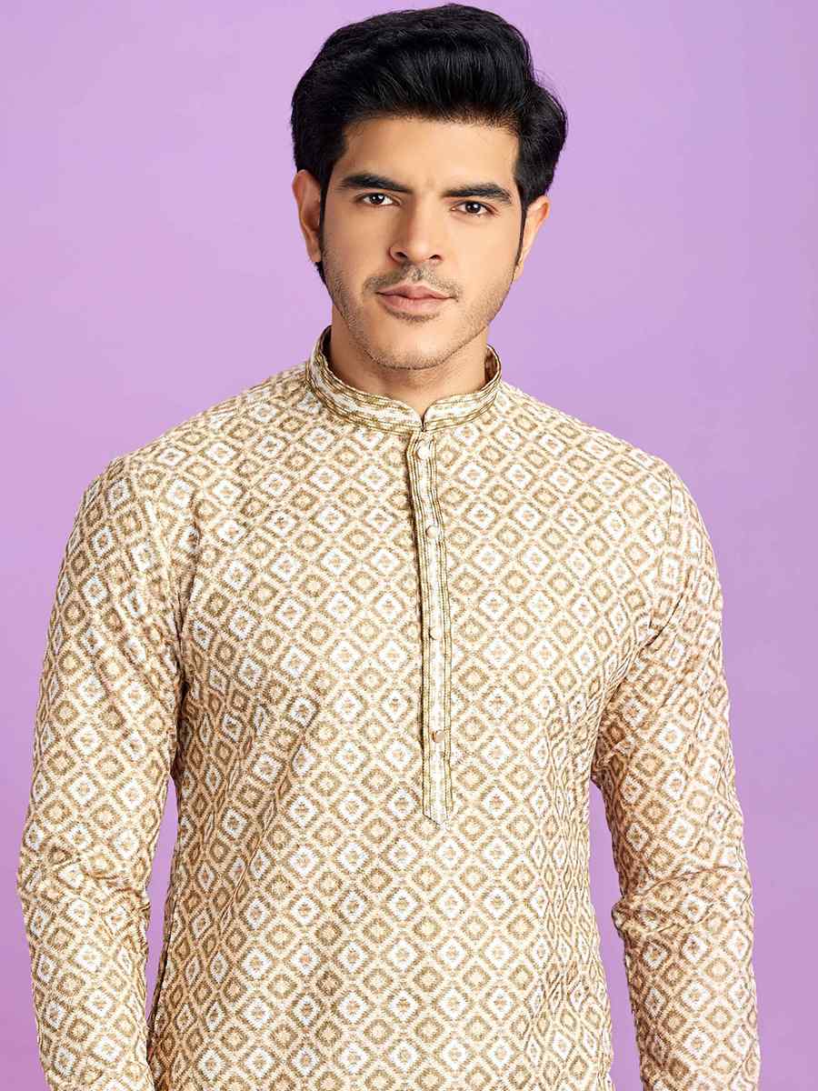 Brown Cotton Printed Festival Casual Kurta