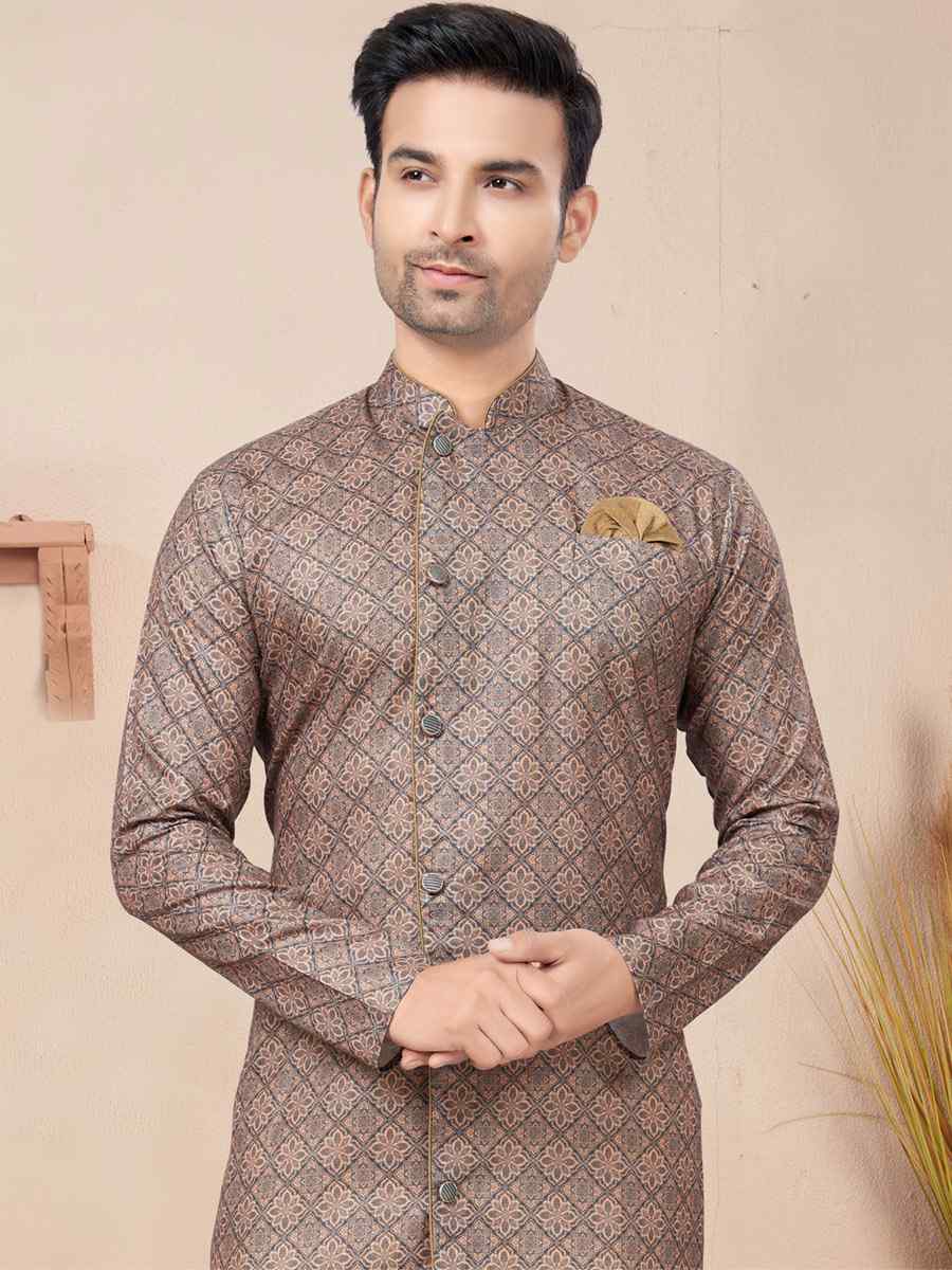 Brown Cotton Printed Wedding Festival Sherwani