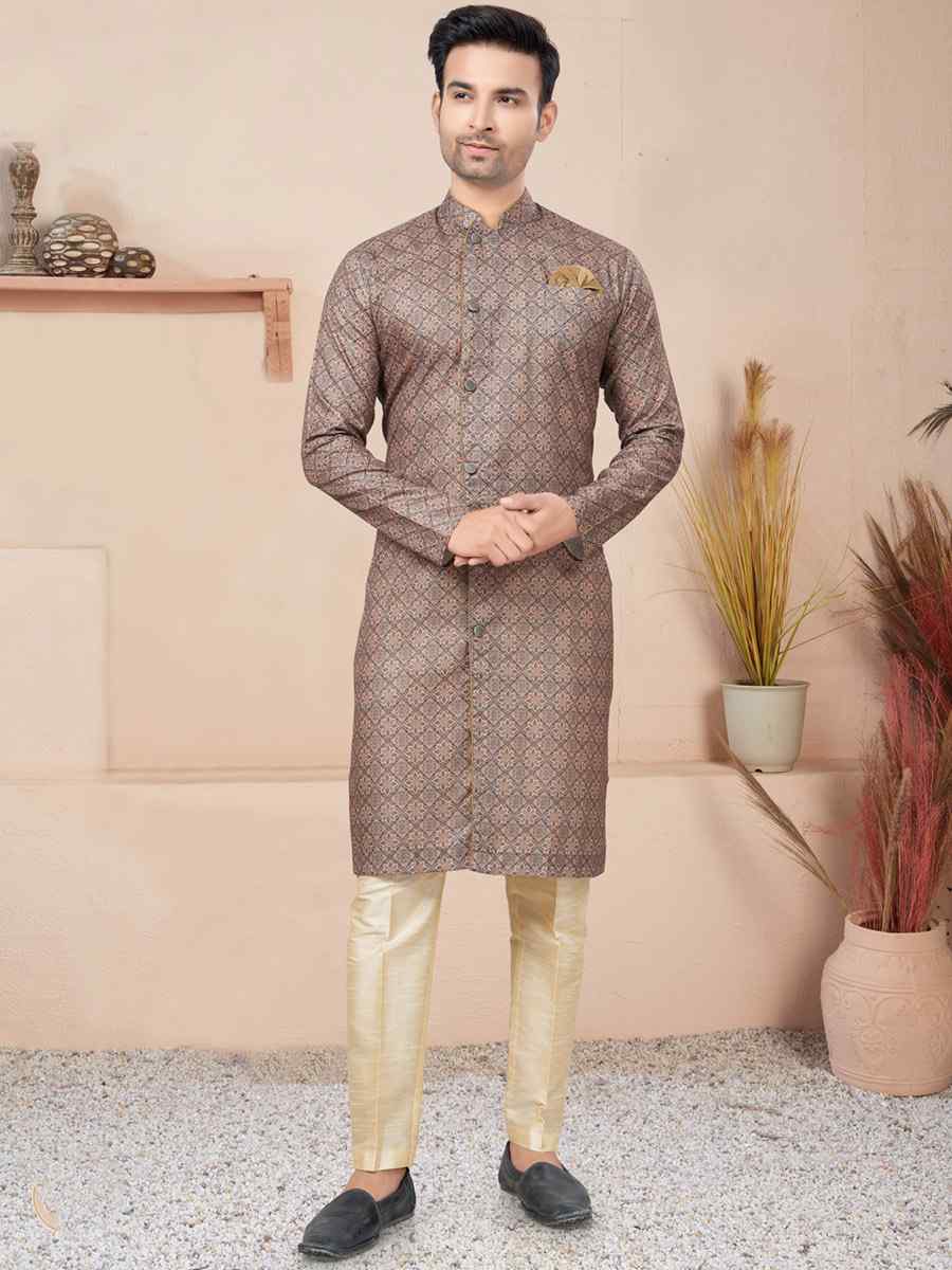 Brown Cotton Printed Wedding Festival Sherwani