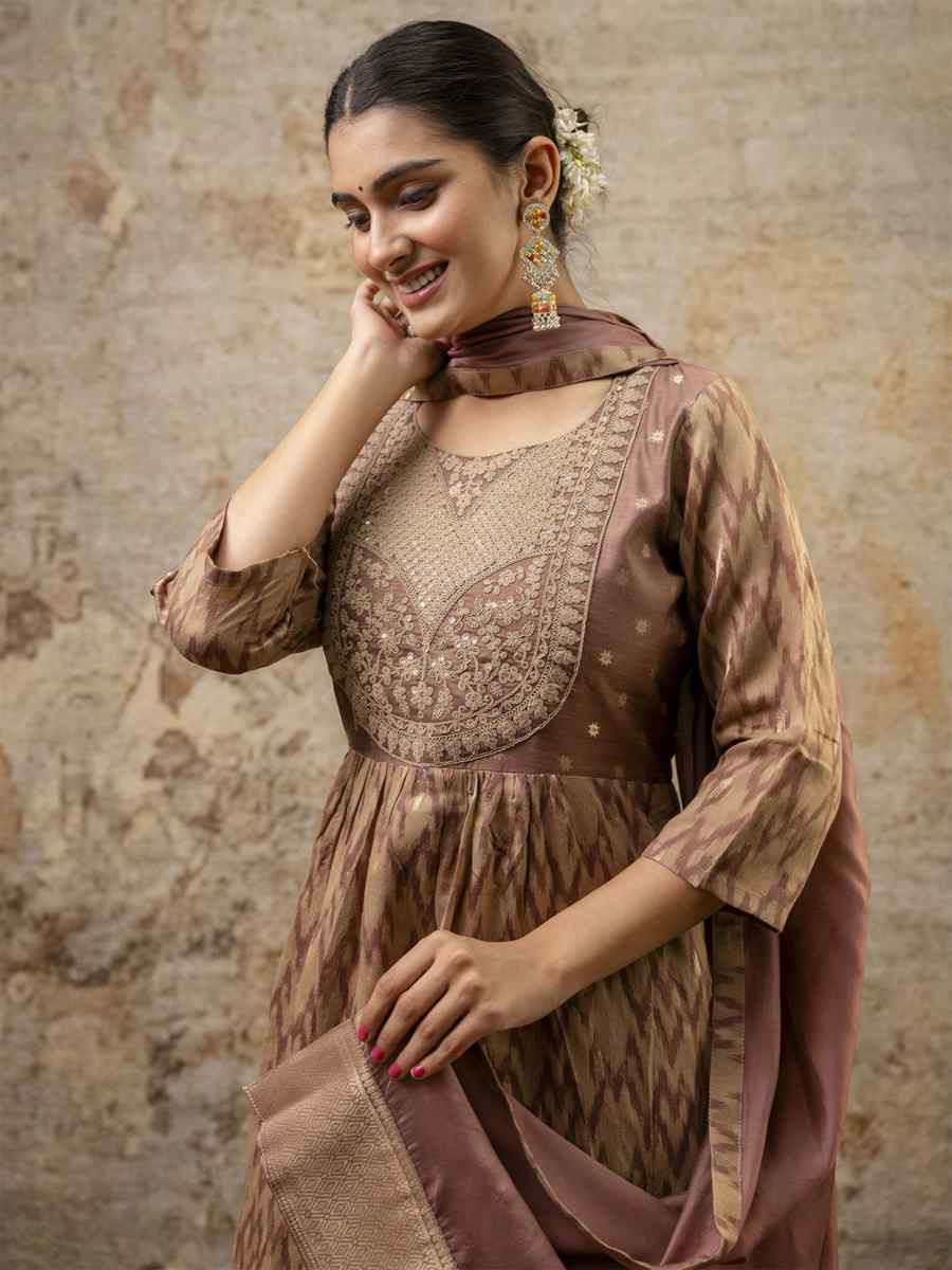 Brown Cotton Silk Embroidery Party Wedding Festival Casual Ready Pant Salwar Kameez