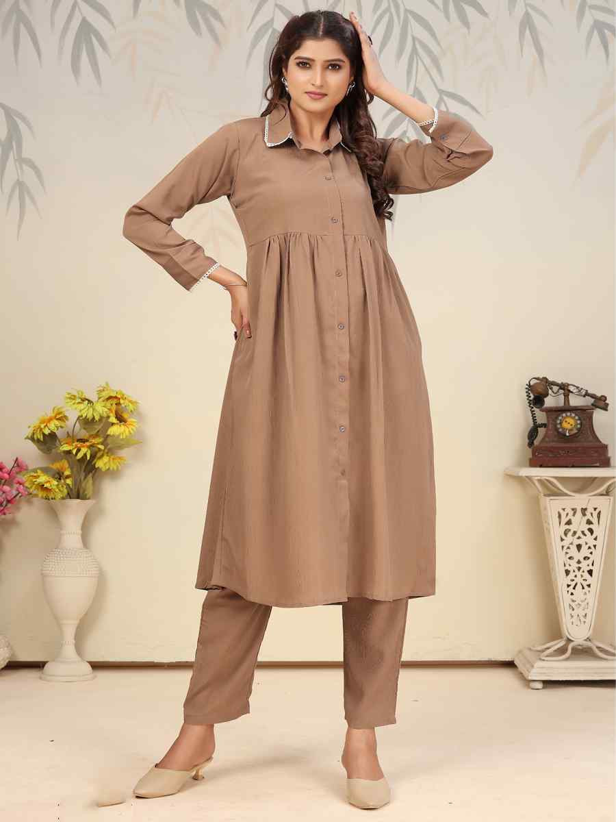 Brown Cotton Solid Festival Casual Kurti