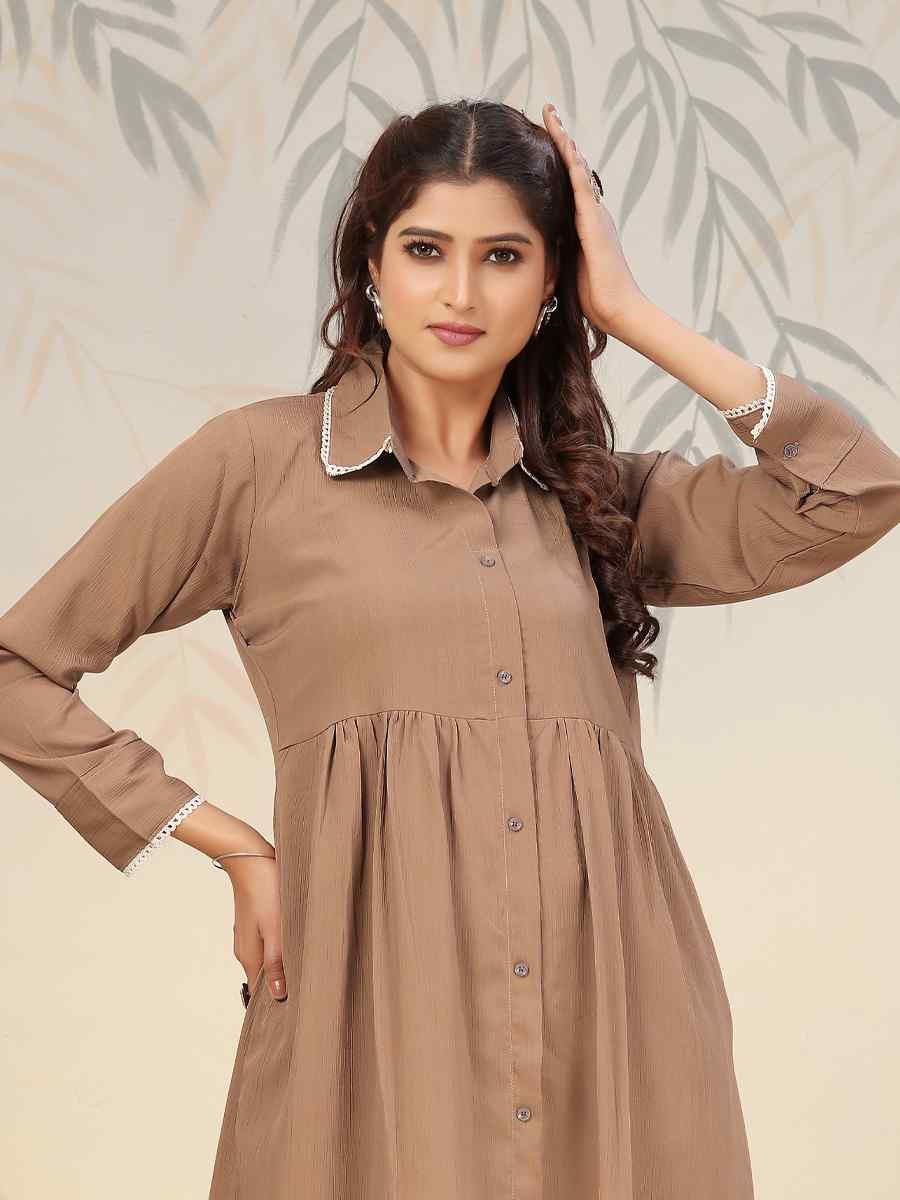 Brown Cotton Solid Festival Casual Kurti