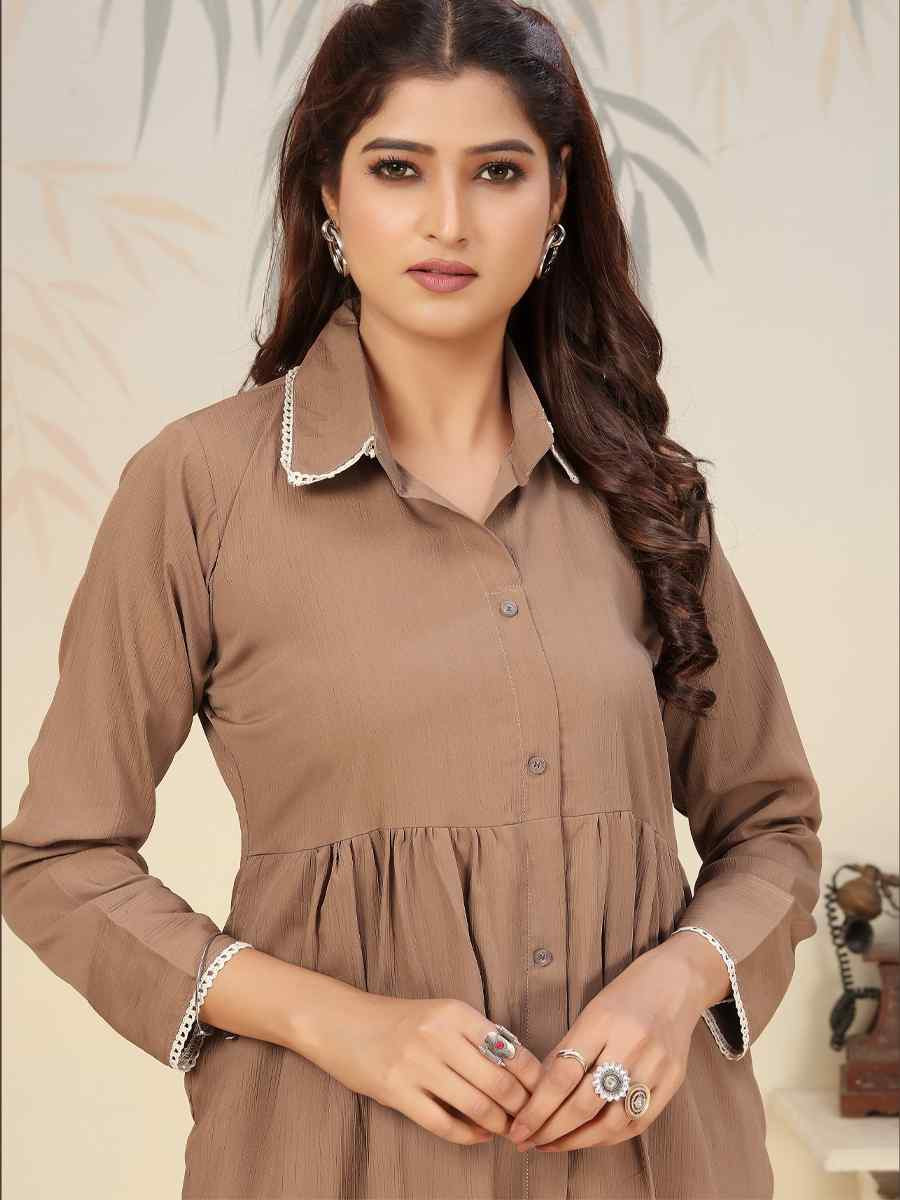 Brown Cotton Solid Festival Casual Kurti