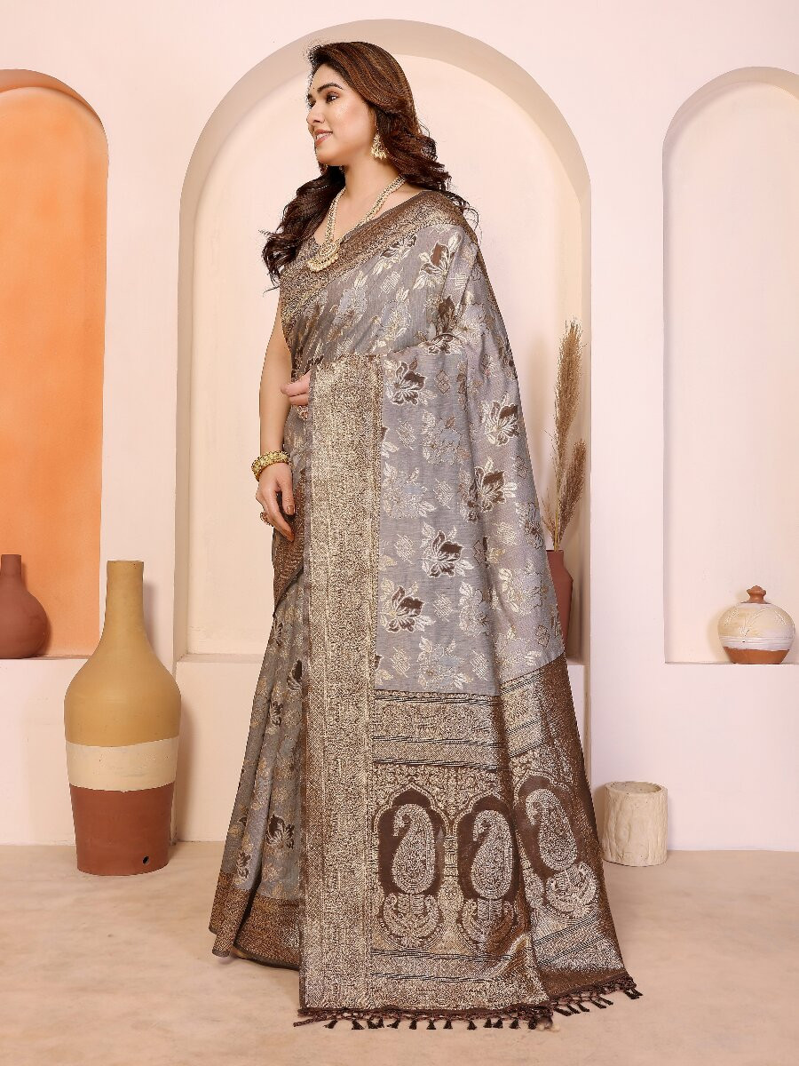 Brown Cotton Zari Weaving Wedding Reception Party Festival Casual Heavy Border Sarees