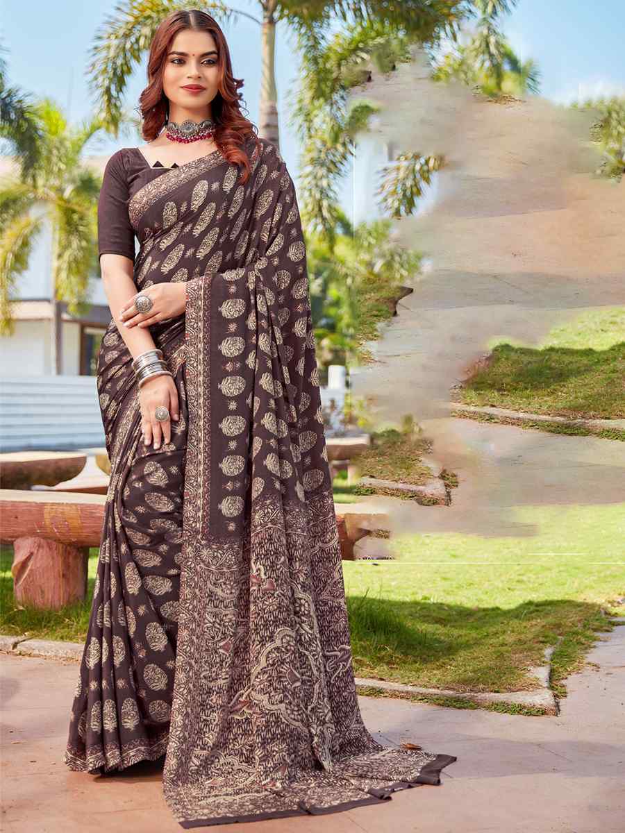 Brown Crepe Printed Casual Festival Contemporary Saree