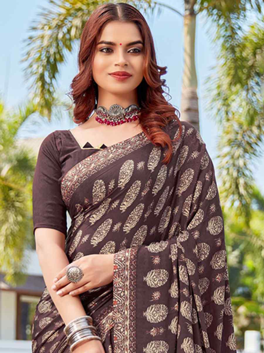 Brown Crepe Printed Casual Festival Contemporary Saree