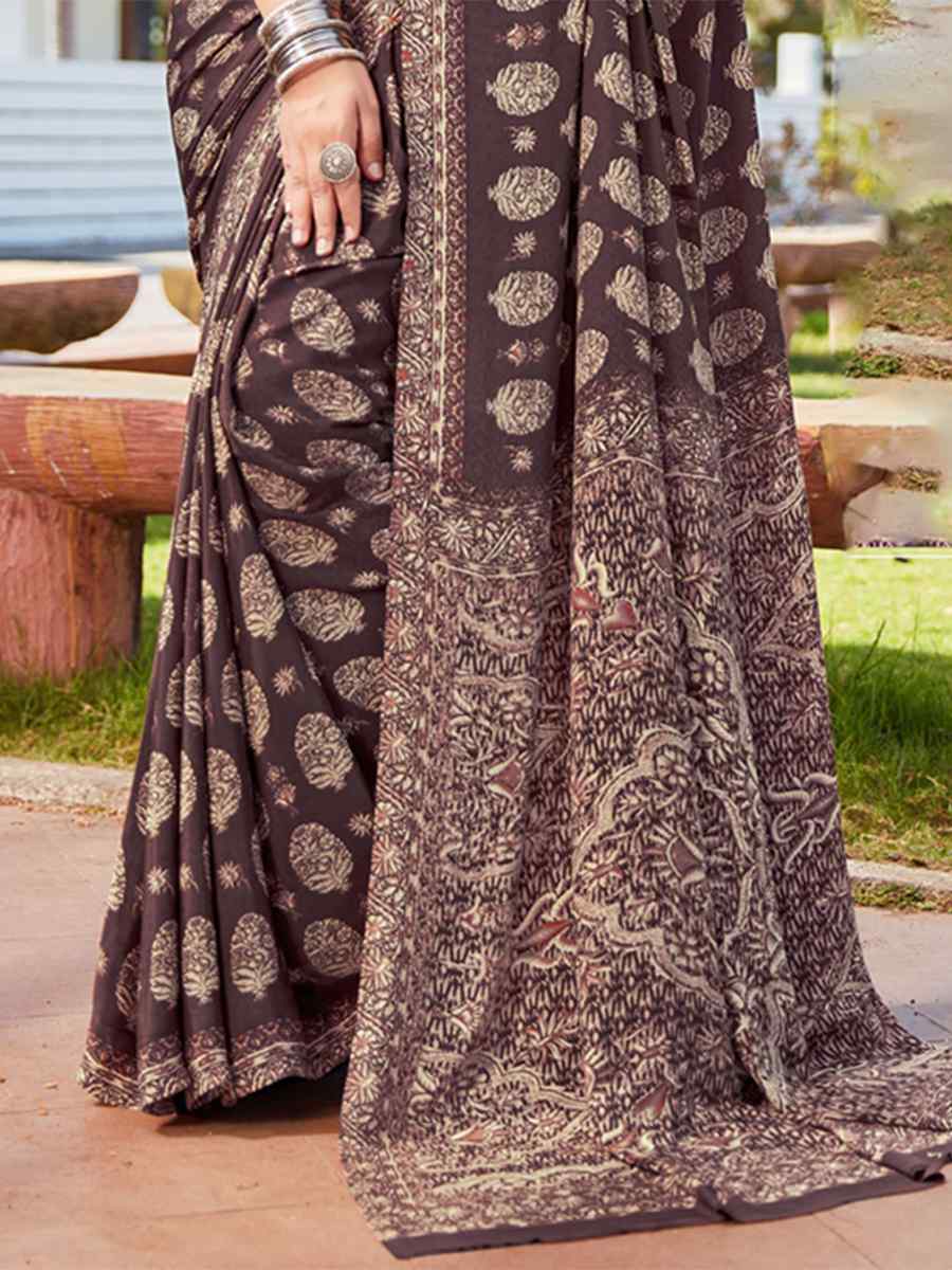 Brown Crepe Printed Casual Festival Contemporary Saree