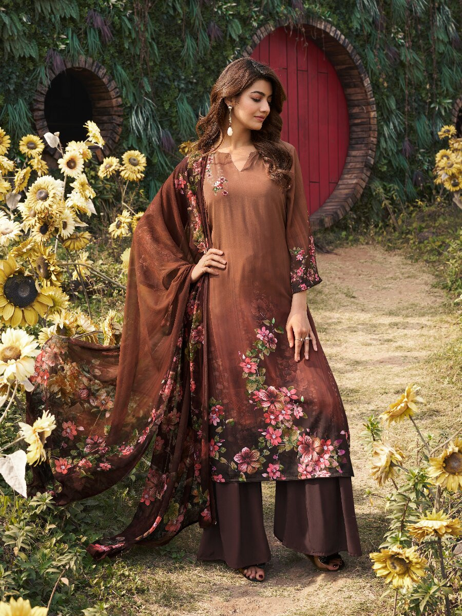 Brown Crepe Printed Party Casual Palazzo Pant Salwar Kameez