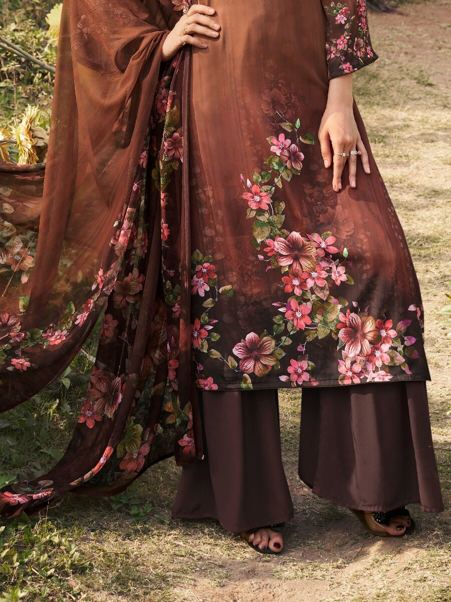 Brown Crepe Printed Party Casual Palazzo Pant Salwar Kameez