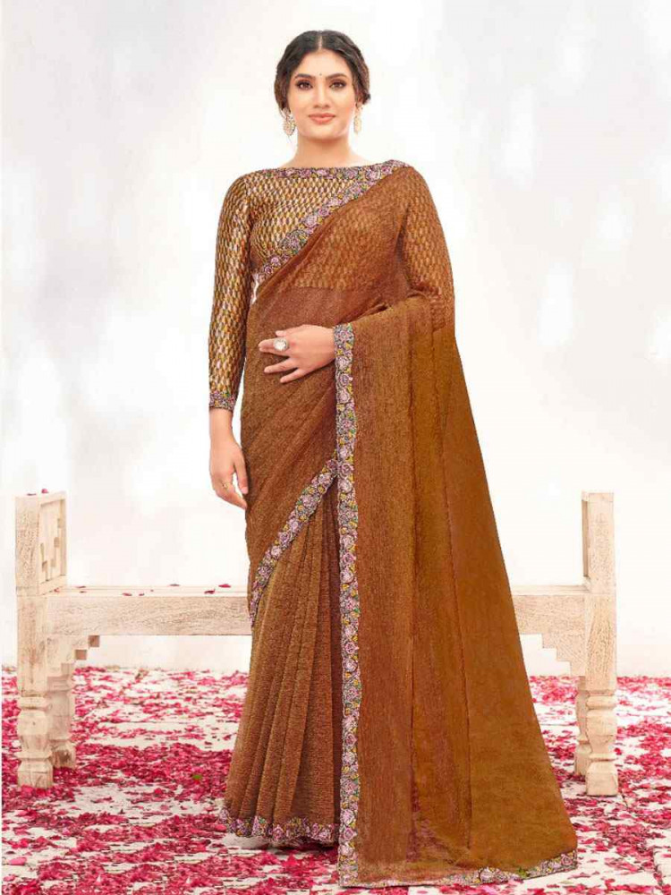 Image of Brown Crepe Shimmer Silk Embroidery Festival Wedding Fancy Classic Heavy Border Saree