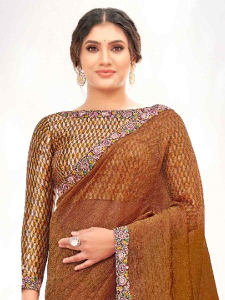 Brown Crepe Shimmer Silk Embroidery Festival Wedding Fancy Classic Heavy Border Saree