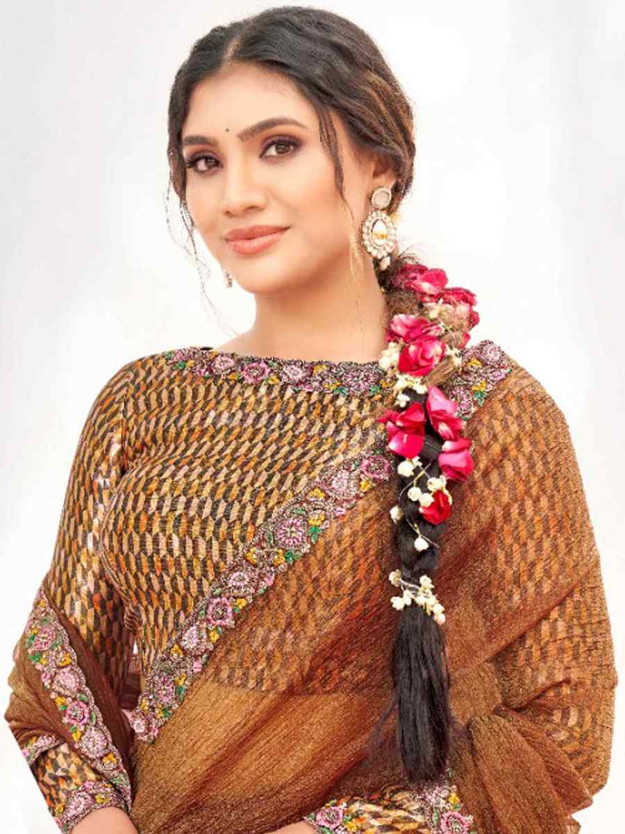 Brown Crepe Shimmer Silk Embroidery Festival Wedding Fancy Classic Heavy Border Saree