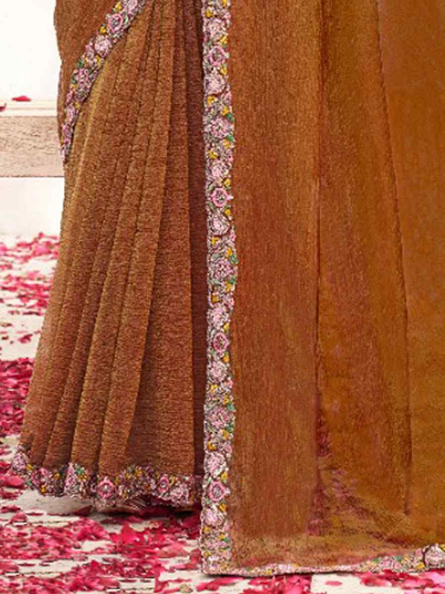 Brown Crepe Shimmer Silk Embroidery Festival Wedding Fancy Classic Heavy Border Saree