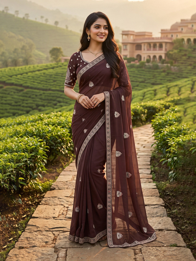 Image of Brown Crush Rangoli Embroidery Sequins Wedding Reception Party Festival Casual Heavy Border Sarees