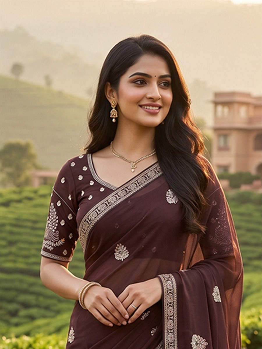 Brown Crush Rangoli Embroidery Sequins Wedding Reception Party Festival Casual Heavy Border Sarees