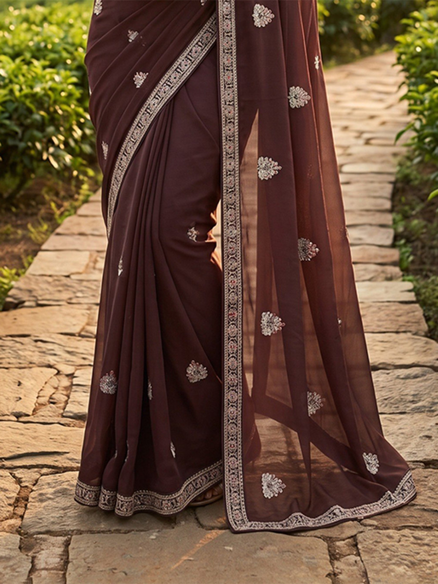 Brown Crush Rangoli Embroidery Sequins Wedding Reception Party Festival Casual Heavy Border Sarees