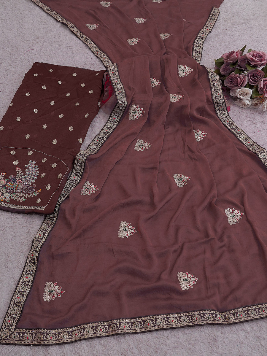 Brown Crush Rangoli Embroidery Sequins Wedding Reception Party Festival Casual Heavy Border Sarees