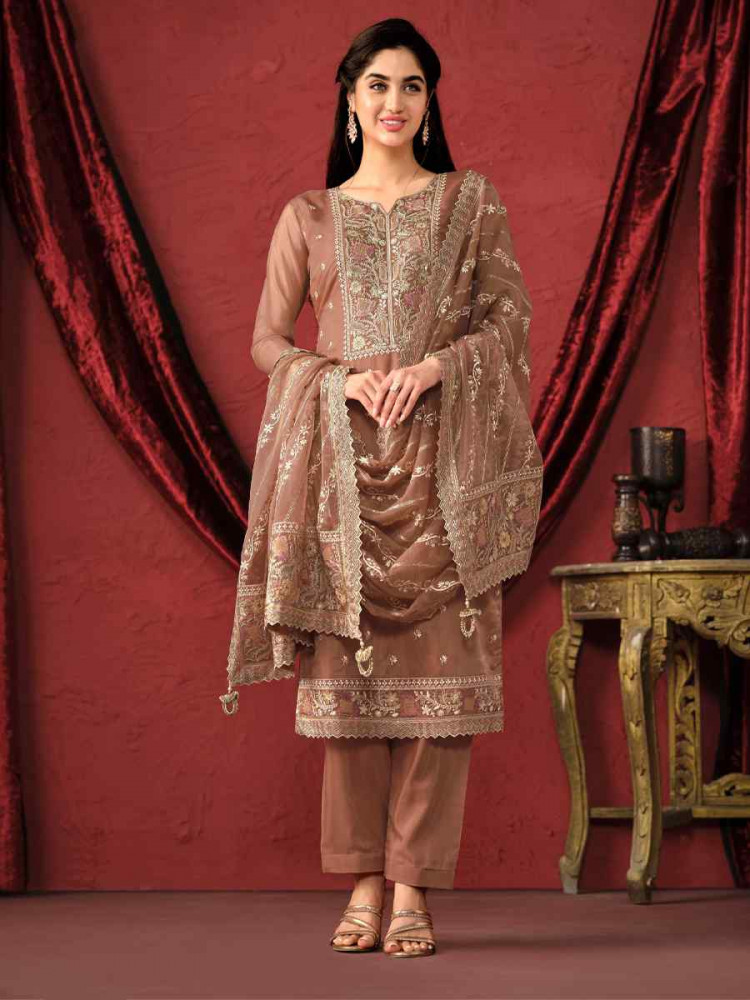 Brown Crystal Organza Embroidered Casual Festival Pant Salwar Kameez