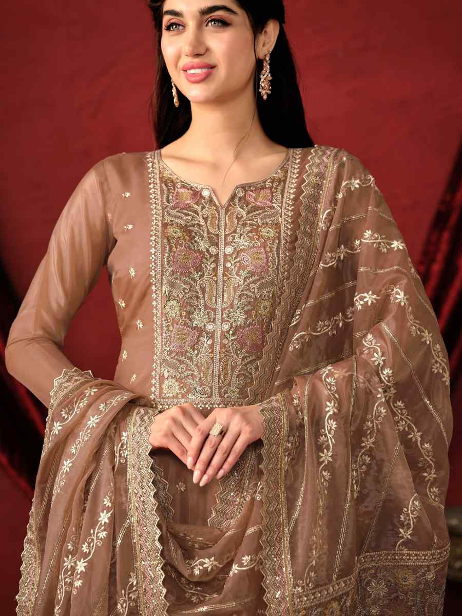 Brown Crystal Organza Embroidered Casual Festival Pant Salwar Kameez