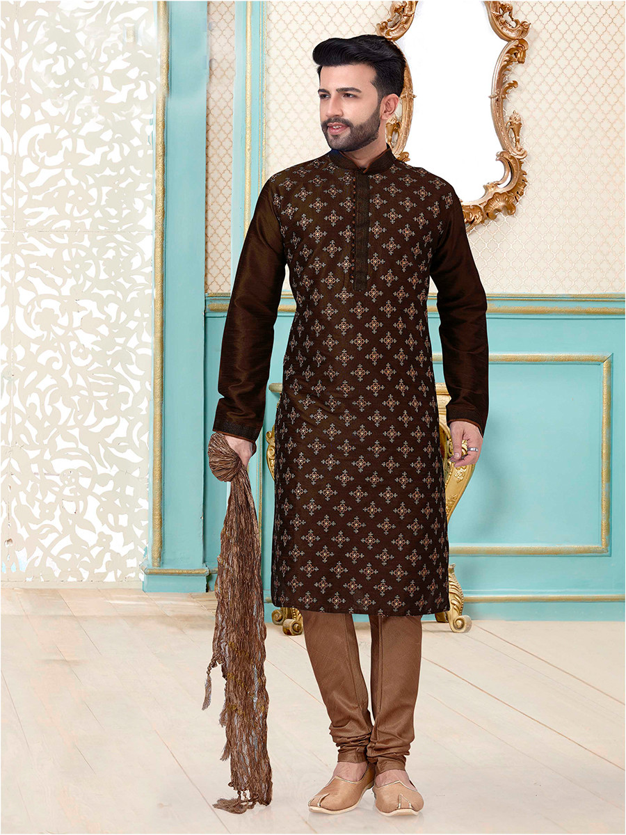 Brown Dhupion Silk Embroidery Wedding Party Festival Ready Mens Kurta