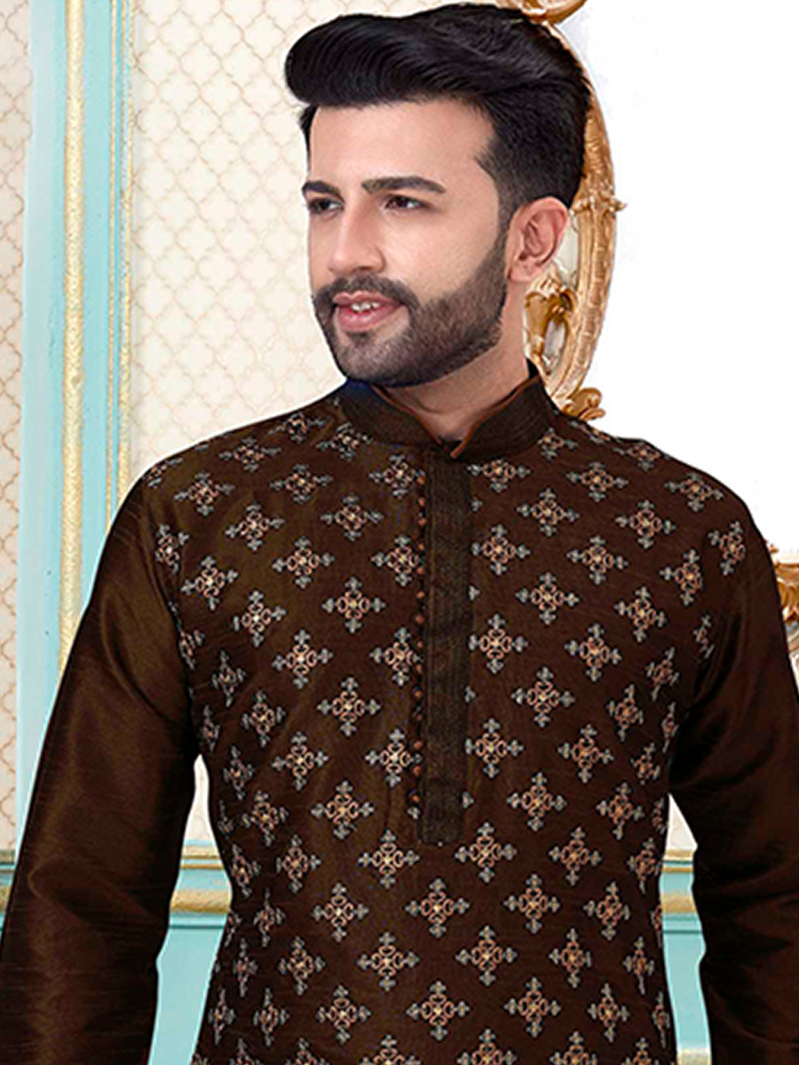 Brown Dhupion Silk Embroidery Wedding Party Festival Ready Mens Kurta