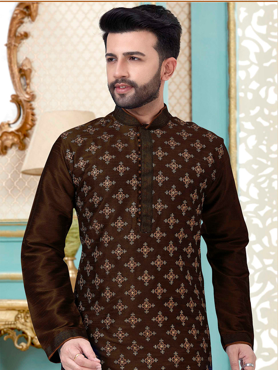 Brown Dhupion Silk Embroidery Wedding Party Festival Ready Mens Kurta