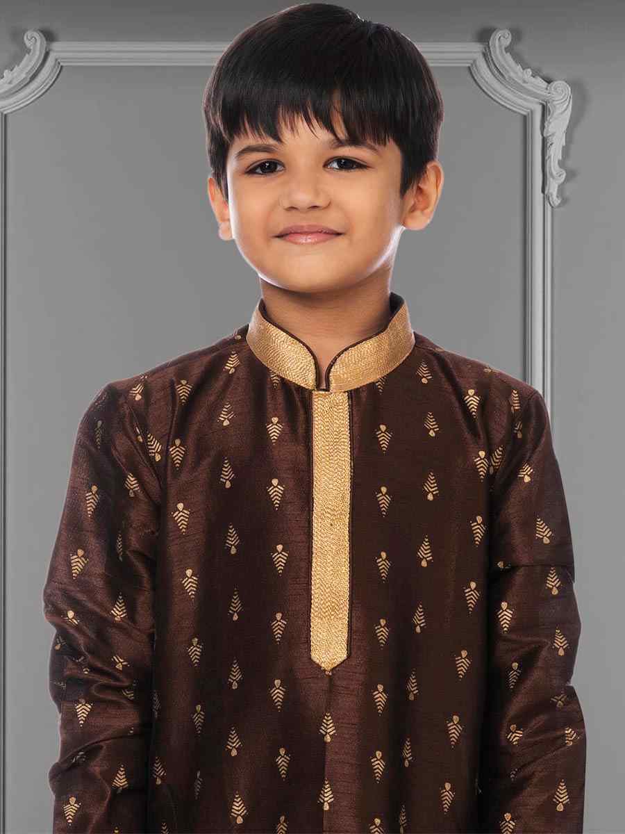 Brown Dhupion Silk Printed Festival Kurta Pyjama Boys Wear