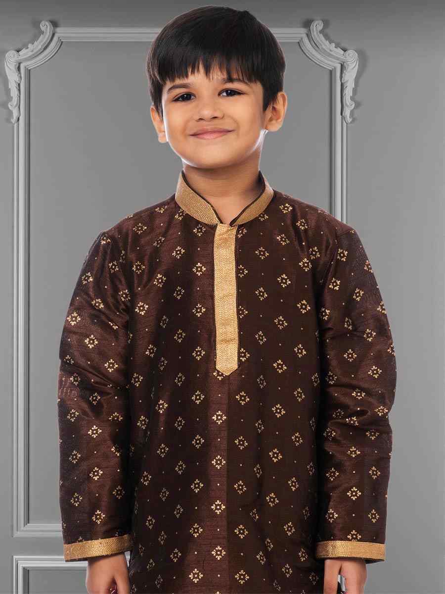 Brown Dhupion Silk Printed Festival Kurta Pyjama Boys Wear