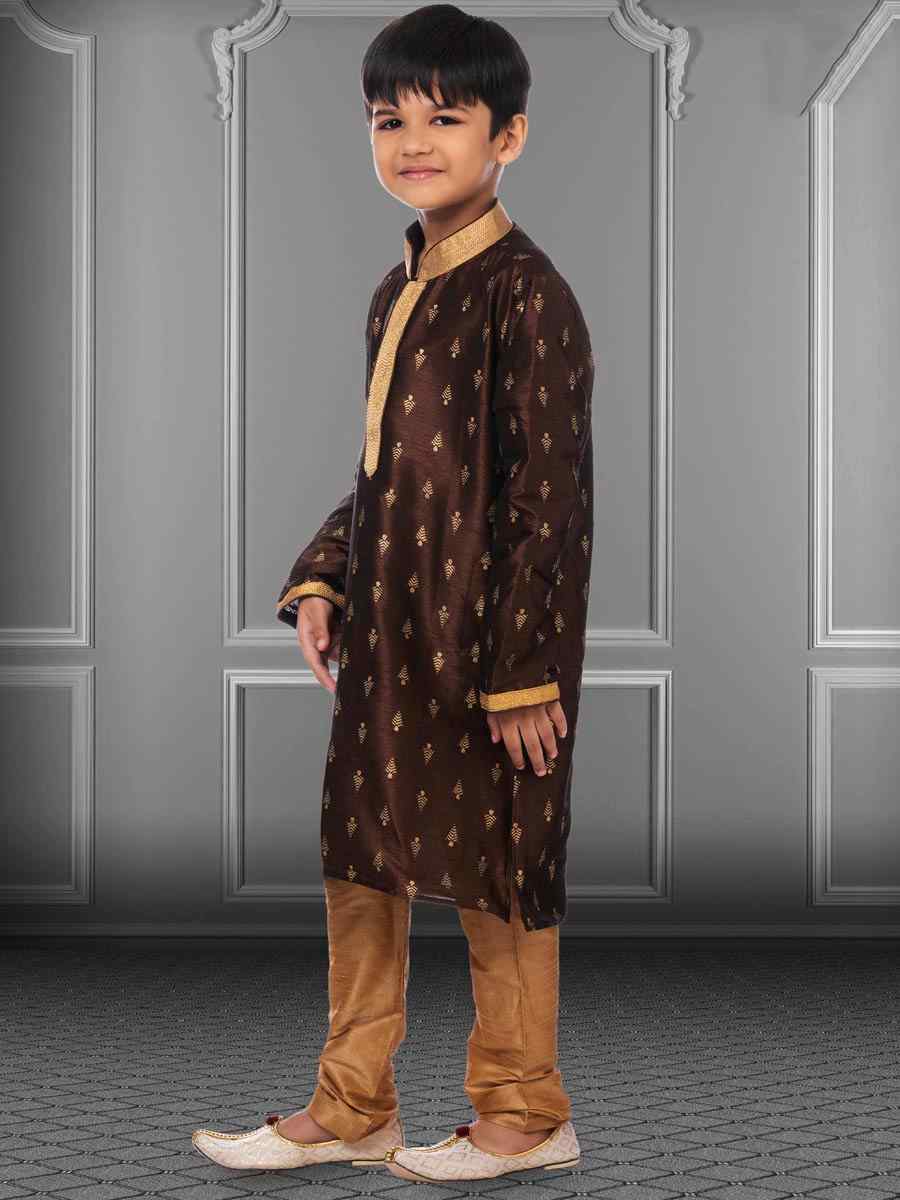 Brown Dhupion Silk Printed Festival Kurta Pyjama Boys Wear