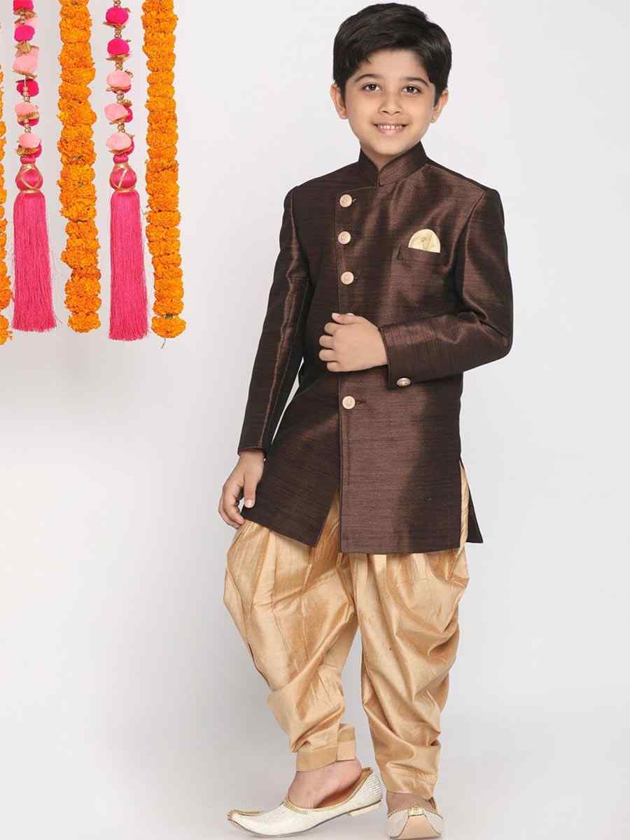 Brown Dupion Silk Brocade Festival Traditional Kurta Dhoti Boys Wear