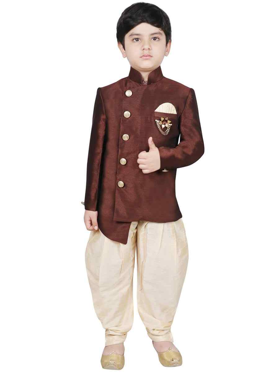 Brown Dupion Silk Brocade Festival Traditional Kurta Dhoti Boys Wear