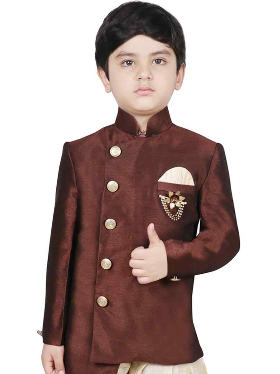 Brown Dupion Silk Brocade Festival Traditional Kurta Dhoti Boys Wear