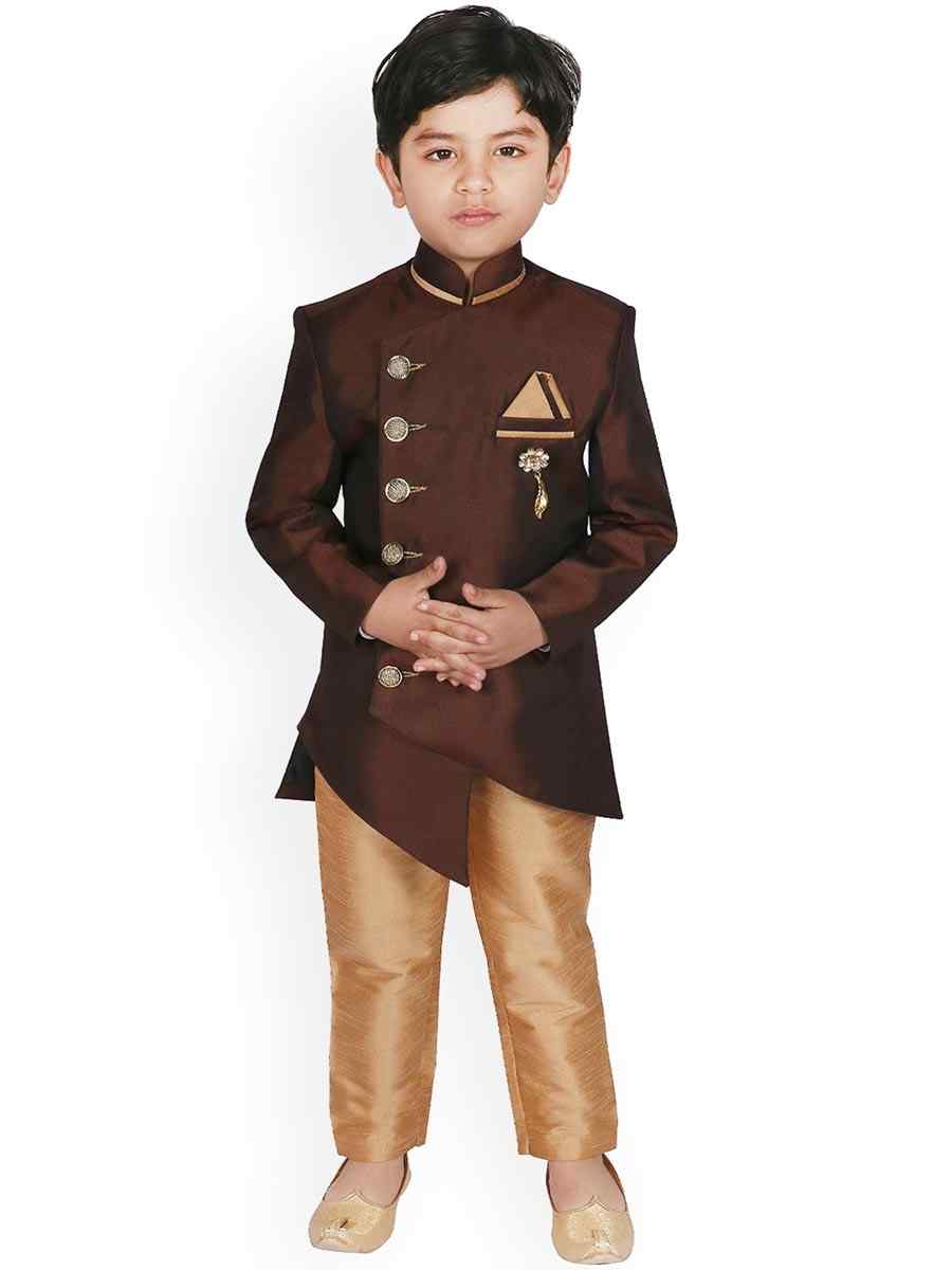 Brown Dupion Silk Brocade Festival Traditional Kurta Pyjama Boys Wear