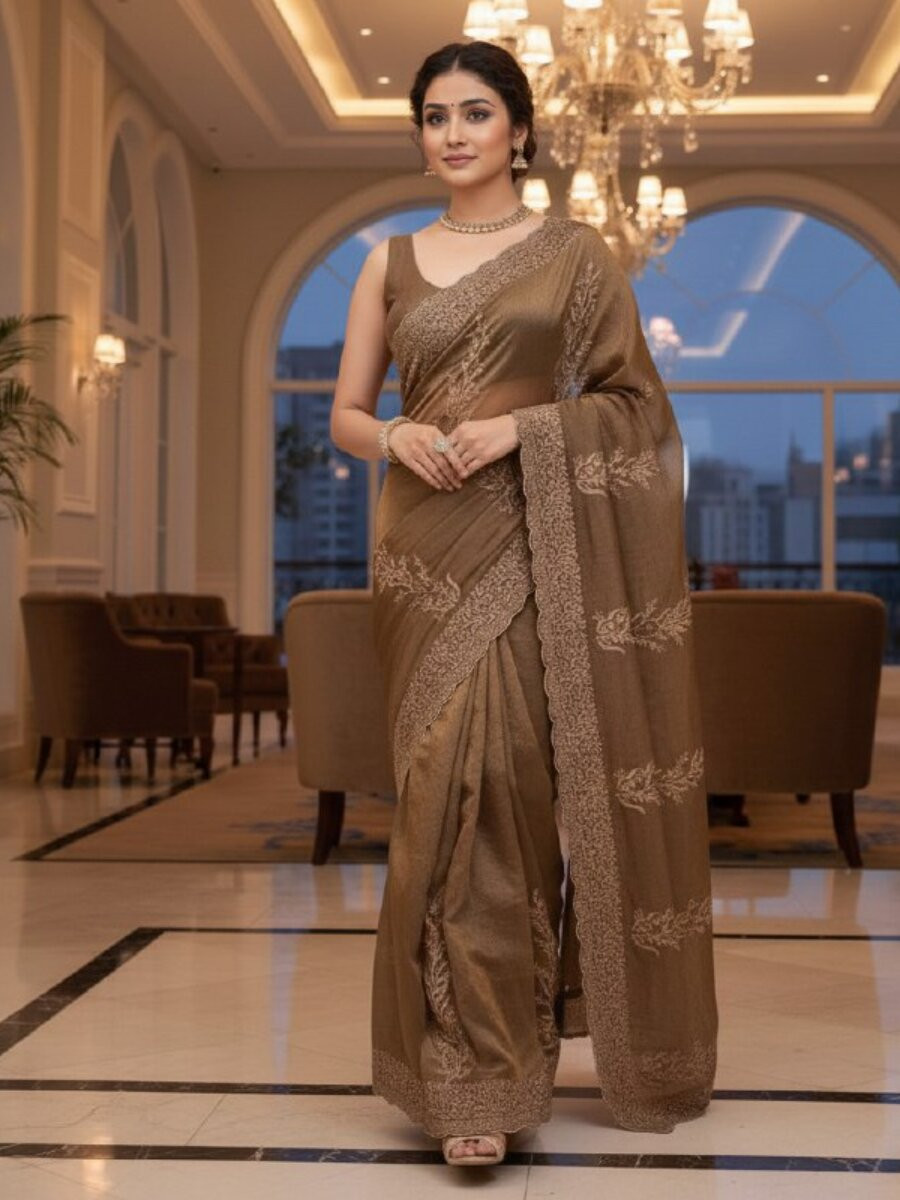 Brown Fandy Satin Embroidery Wedding Reception Party Casual Heavy Border Sarees