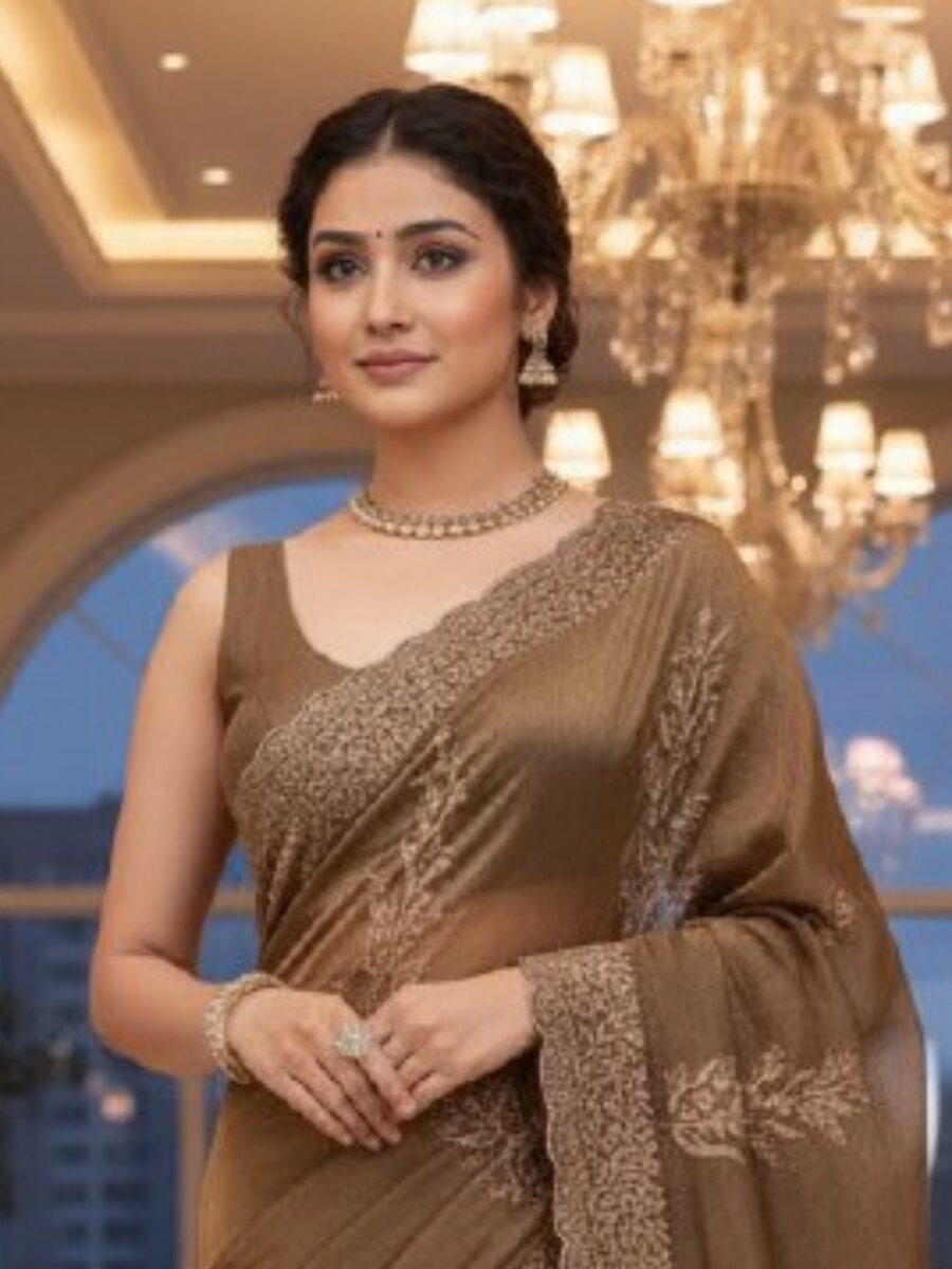 Brown Fandy Satin Embroidery Wedding Reception Party Casual Heavy Border Sarees