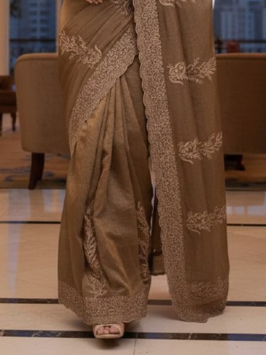 Brown Fandy Satin Embroidery Wedding Reception Party Casual Heavy Border Sarees