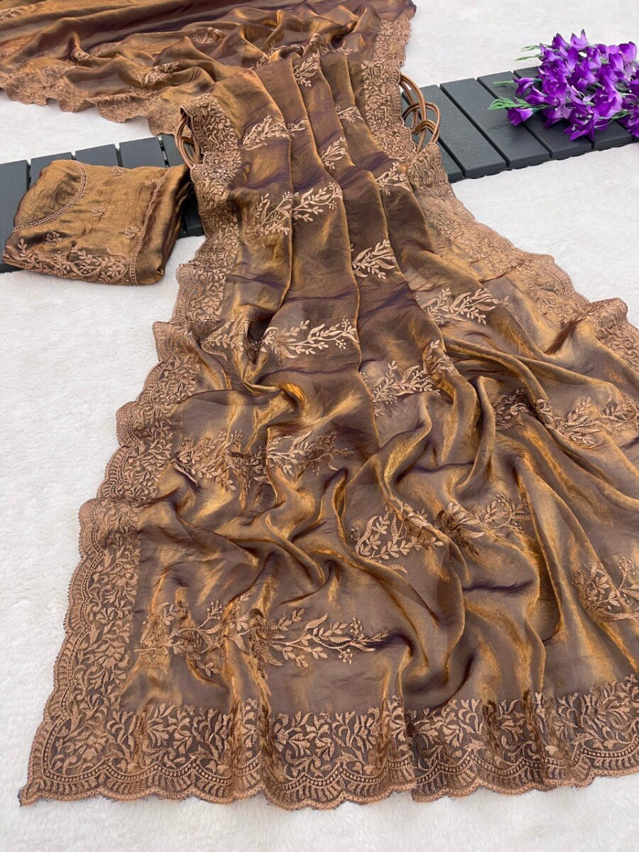 Brown Fandy Satin Embroidery Wedding Reception Party Casual Heavy Border Sarees