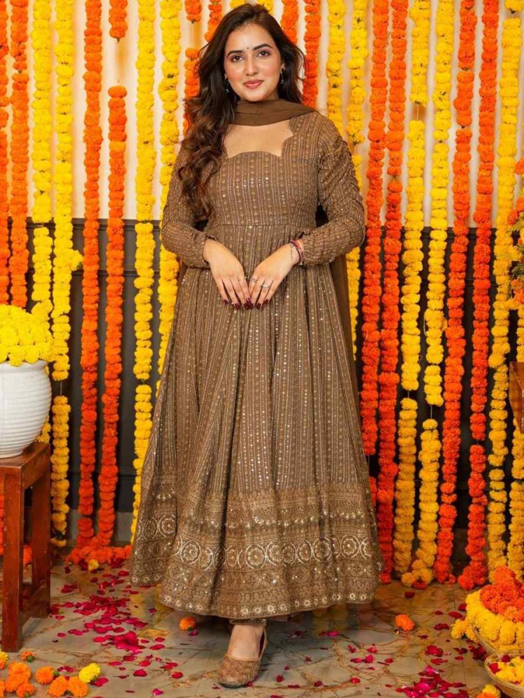 Brown Faux Georgette Embroidered Festival Casual Gown
