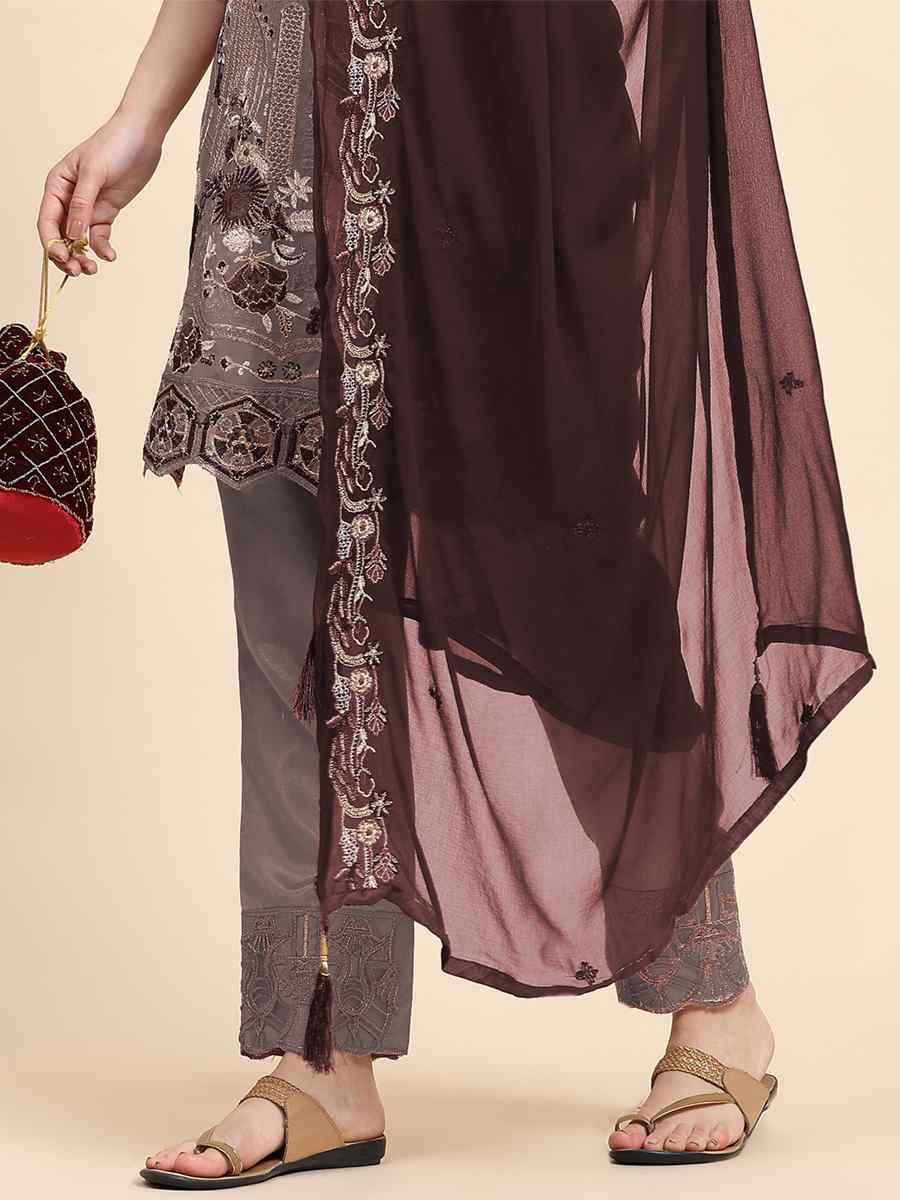 Brown Faux Georgette Embroidered Festival Casual Pant Salwar Kameez