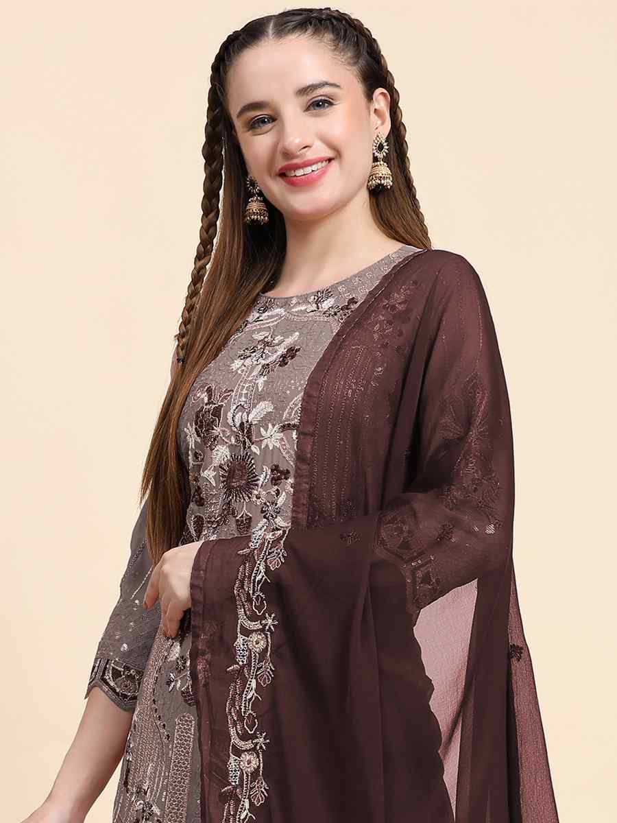 Brown Faux Georgette Embroidered Festival Casual Pant Salwar Kameez