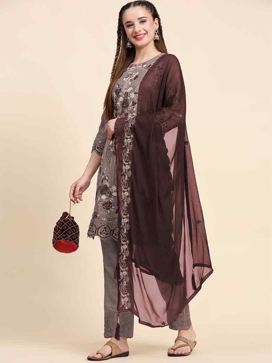Brown Faux Georgette Embroidered Festival Casual Pant Salwar Kameez