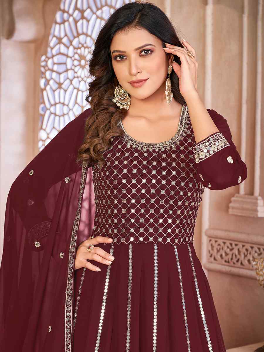 Brown Faux Georgette Embroidered Festival Party Anarkali Salwar Kameez