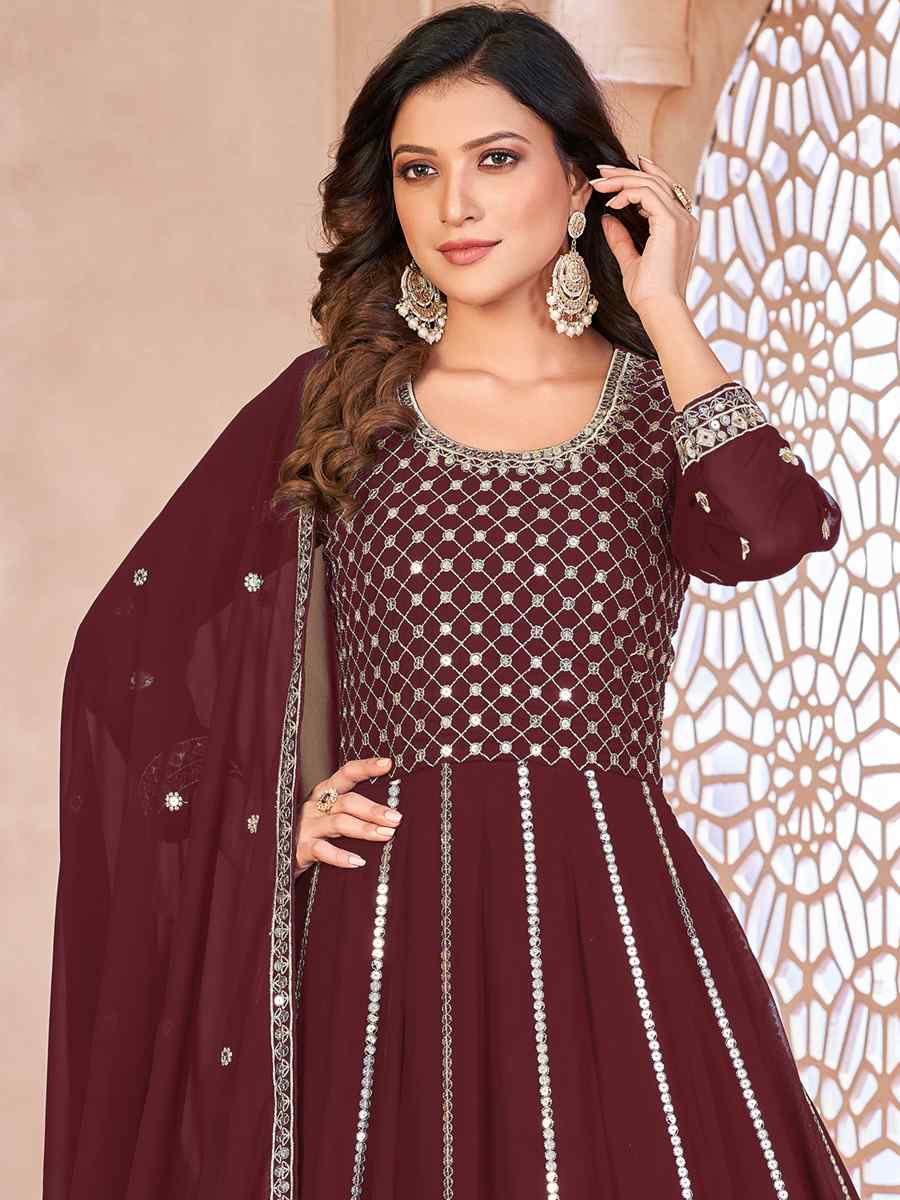 Brown Faux Georgette Embroidered Festival Party Anarkali Salwar Kameez