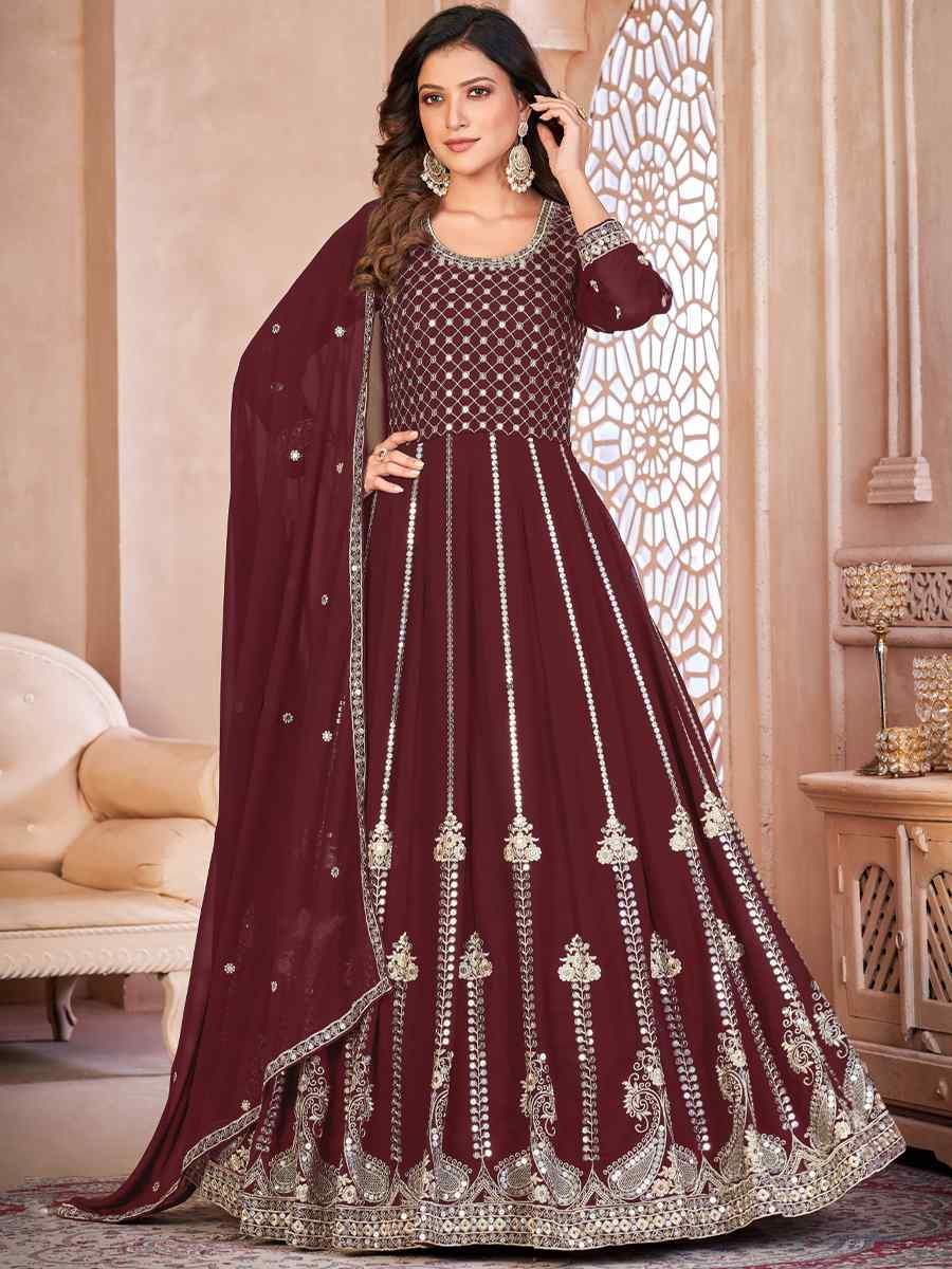 Brown Faux Georgette Embroidered Festival Party Anarkali Salwar Kameez