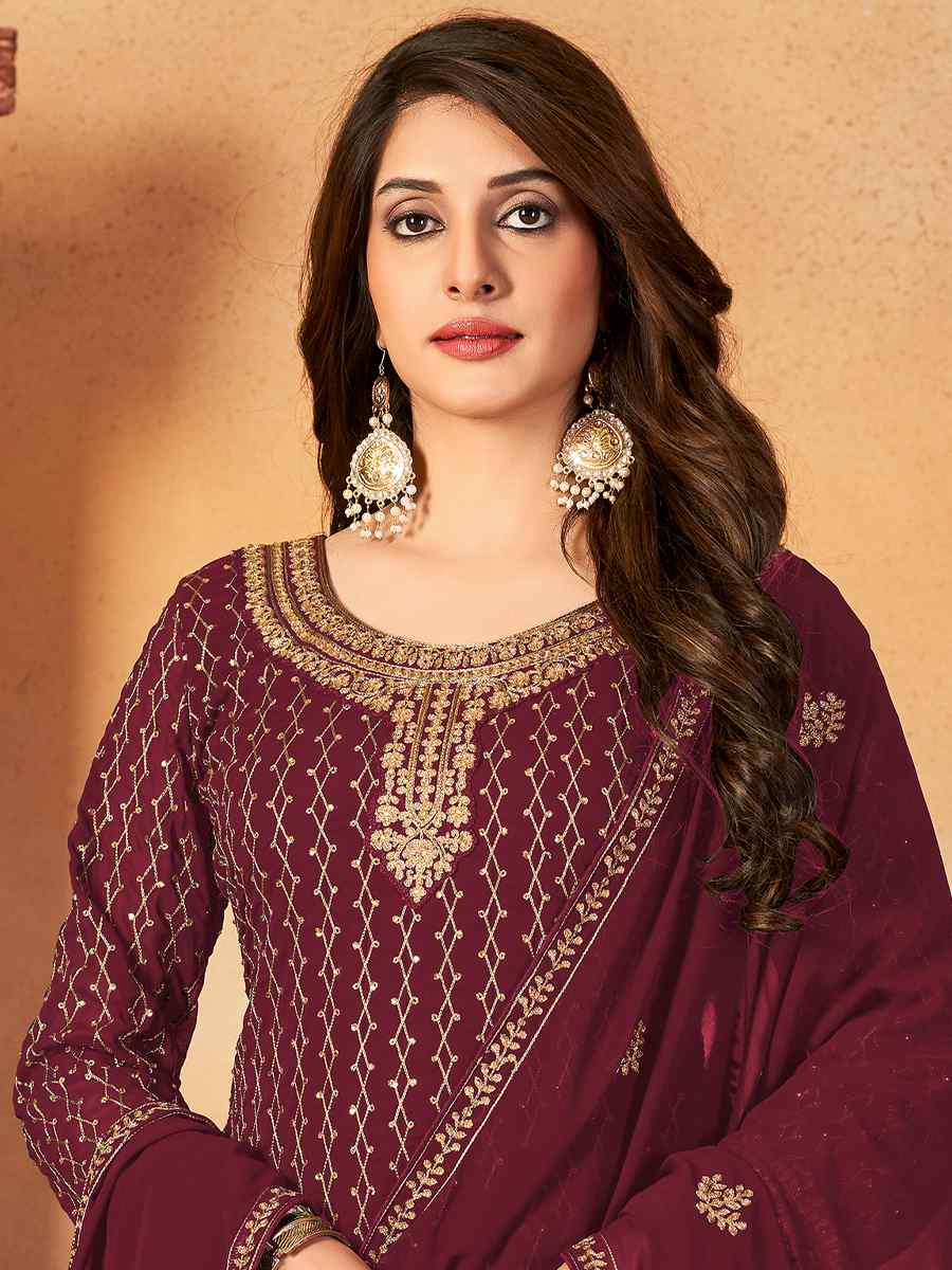 Brown Faux Georgette Embroidered Festival Party Pant Salwar Kameez