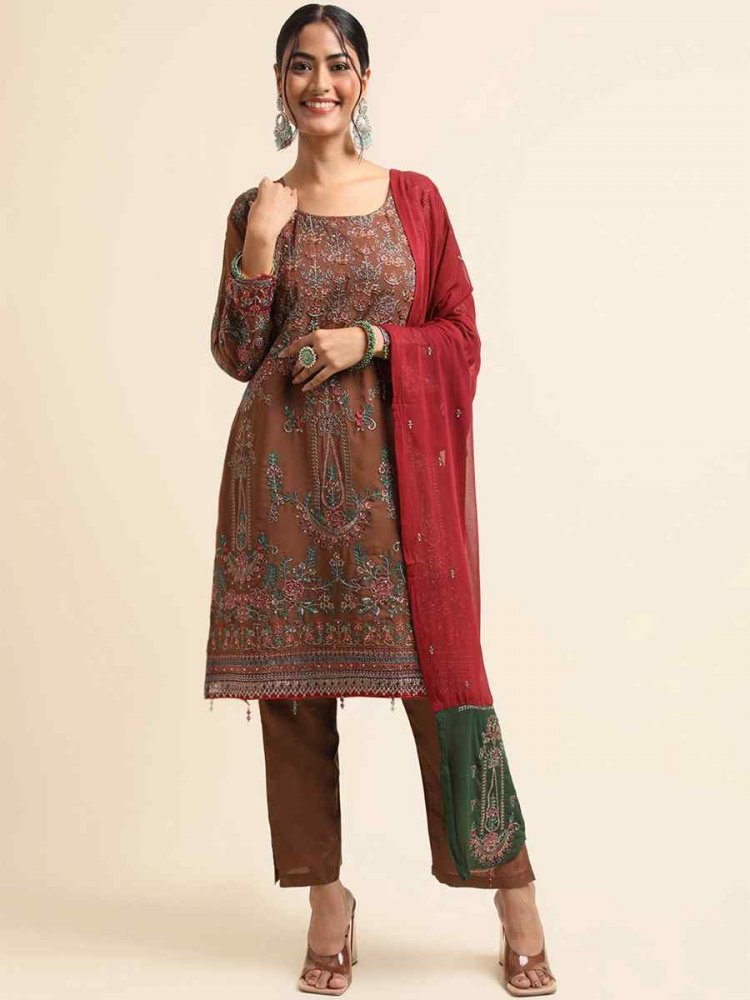 Brown Faux Georgette Embroidered Festival Party Pant Salwar Kameez